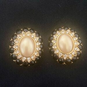 Beautiful and Bold faux pearl, rhinestone, and black enamel clip on earrings.